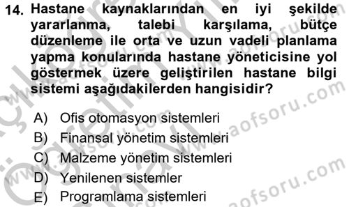 Sağlık Kurumlarında Bilgi Sistemleri Dersi 2016 - 2017 Yılı 3 Ders Sınav Soruları 14. Soru
