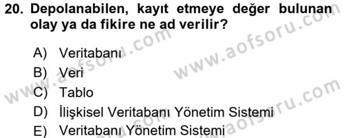 Sağlık Kurumlarında Bilgi Sistemleri Dersi 2016 - 2017 Yılı (Vize) Ara Sınav Soruları 20. Soru