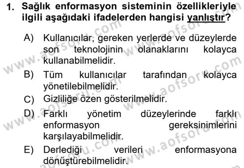 Sağlık Kurumlarında Bilgi Sistemleri Dersi 2017 - 2018 Yılı (Vize) Ara Sınav Soruları 1. Soru