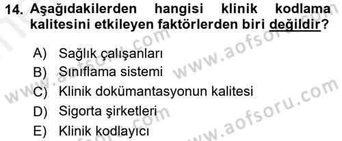 Sağlık Kurumlarında Bilgi Sistemleri Dersi 2017 - 2018 Yılı (Vize) Ara Sınav Soruları 14. Soru