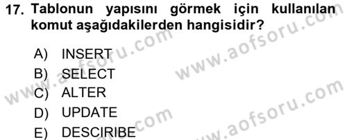 Sağlık Kurumlarında Bilgi Sistemleri Dersi 2017 - 2018 Yılı (Vize) Ara Sınav Soruları 17. Soru