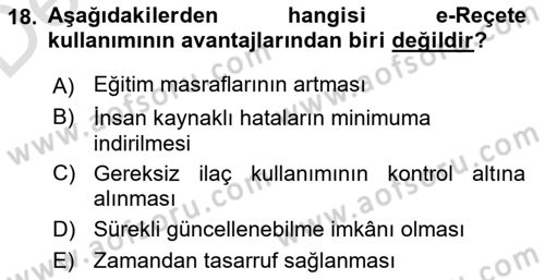Sağlık Kurumlarında Bilgi Sistemleri Dersi 2018 - 2019 Yılı 3 Ders Sınav Soruları 18. Soru