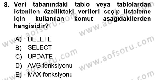 Sağlık Kurumlarında Bilgi Sistemleri Dersi 2020 - 2021 Yılı Yaz Okulu Sınav Soruları 8. Soru
