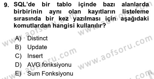 Sağlık Kurumlarında Bilgi Sistemleri Dersi 2020 - 2021 Yılı Yaz Okulu Sınav Soruları 9. Soru