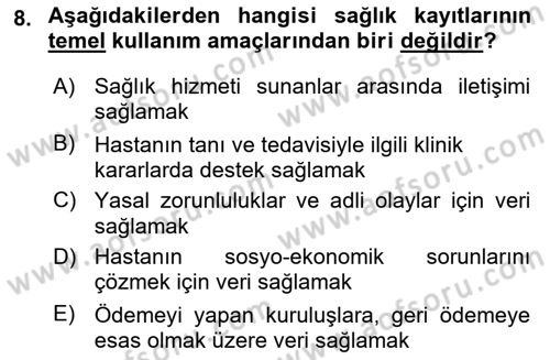 Sağlık Kurumlarında Bilgi Sistemleri Dersi 2021 - 2022 Yılı (Vize) Ara Sınav Soruları 8. Soru