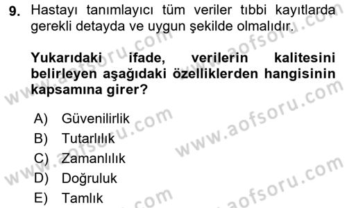 Sağlık Kurumlarında Bilgi Sistemleri Dersi 2021 - 2022 Yılı (Vize) Ara Sınav Soruları 9. Soru