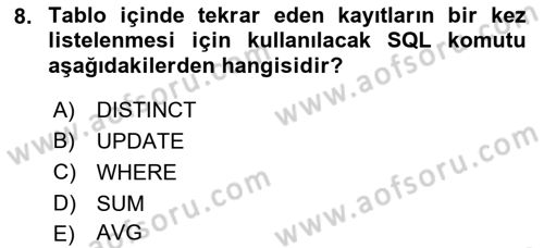 Sağlık Kurumlarında Bilgi Sistemleri Dersi 2021 - 2022 Yılı Yaz Okulu Sınav Soruları 8. Soru