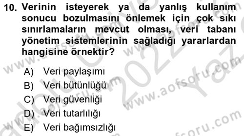 Sağlık Kurumlarında Bilgi Sistemleri Dersi 2022 - 2023 Yılı Yaz Okulu Sınav Soruları 10. Soru