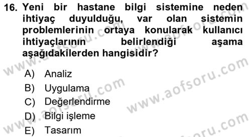 Sağlık Kurumlarında Bilgi Sistemleri Dersi 2022 - 2023 Yılı Yaz Okulu Sınav Soruları 16. Soru