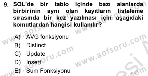 Sağlık Kurumlarında Bilgi Sistemleri Dersi 2022 - 2023 Yılı Yaz Okulu Sınav Soruları 9. Soru