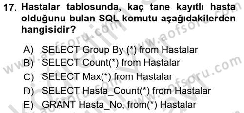 Sağlık Kurumlarında Bilgi Sistemleri Dersi 2023 - 2024 Yılı (Vize) Ara Sınav Soruları 17. Soru