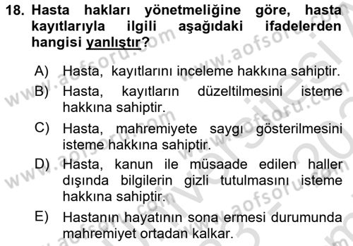 Sağlık Kurumlarında Bilgi Sistemleri Dersi 2023 - 2024 Yılı (Final) Dönem Sonu Sınav Soruları 18. Soru
