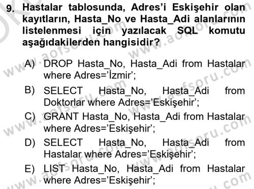 Sağlık Kurumlarında Bilgi Sistemleri Dersi 2023 - 2024 Yılı Yaz Okulu Sınav Soruları 9. Soru