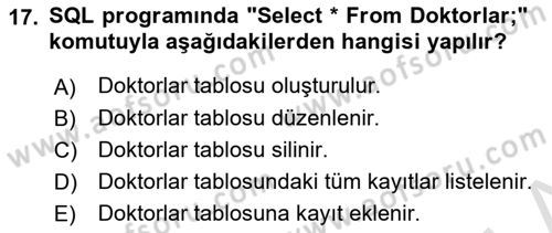 Sağlık Kurumlarında Bilgi Sistemleri Dersi 2024 - 2025 Yılı (Vize) Ara Sınav Soruları 17. Soru
