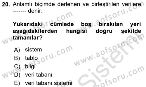 Sağlık Kurumlarında Bilgi Sistemleri Dersi 2024 - 2025 Yılı (Vize) Ara Sınav Soruları 20. Soru