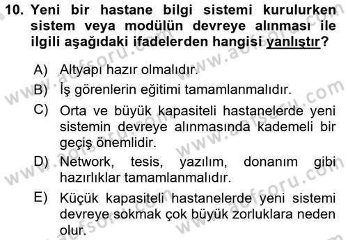 Sağlık Kurumlarında Bilgi Sistemleri Dersi 2024 - 2025 Yılı (Final) Dönem Sonu Sınav Soruları 10. Soru