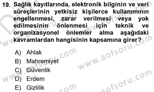 Sağlık Kurumlarında Bilgi Sistemleri Dersi 2024 - 2025 Yılı (Final) Dönem Sonu Sınav Soruları 19. Soru