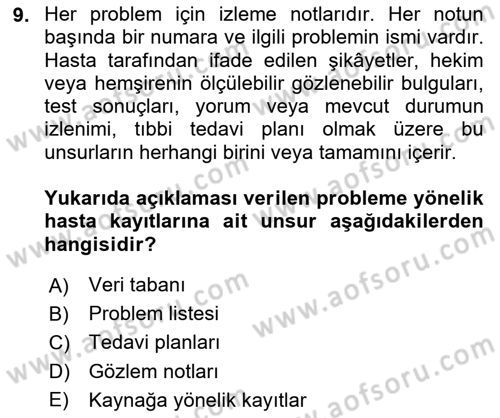 Sağlık Kurumlarında Bilgi Sistemleri Dersi 2025 - 2026 Yılı (Vize) Ara Sınav Soruları 9. Soru