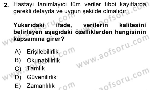 Sağlık Kurumlarında Bilgi Sistemleri Dersi 2025 - 2026 Yılı (Final) Dönem Sonu Sınav Soruları 2. Soru