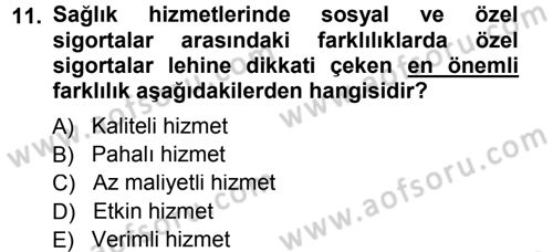 Sağlık Sigortacılığı Dersi 2012 - 2013 Yılı (Final) Dönem Sonu Sınav Soruları 11. Soru