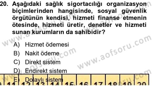 Sağlık Sigortacılığı Dersi 2015 - 2016 Yılı (Vize) Ara Sınav Soruları 20. Soru