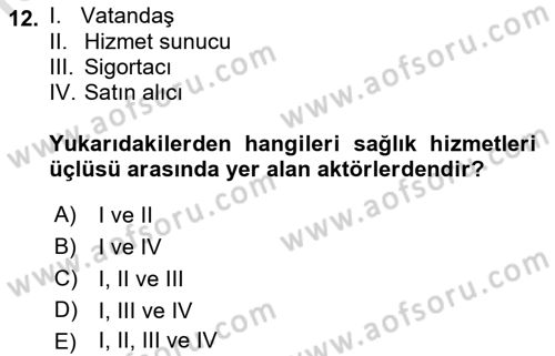Sağlık Sigortacılığı Dersi 2021 - 2022 Yılı (Vize) Ara Sınav Soruları 12. Soru