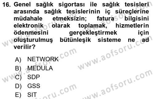Sağlık Sigortacılığı Dersi 2023 - 2024 Yılı (Final) Dönem Sonu Sınav Soruları 16. Soru