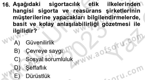 Sağlık Sigortacılığı Dersi 2023 - 2024 Yılı Yaz Okulu Sınav Soruları 16. Soru