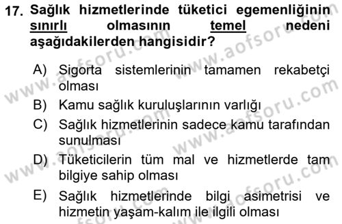 Sağlık Sigortacılığı Dersi 2025 - 2026 Yılı (Vize) Ara Sınav Soruları 17. Soru