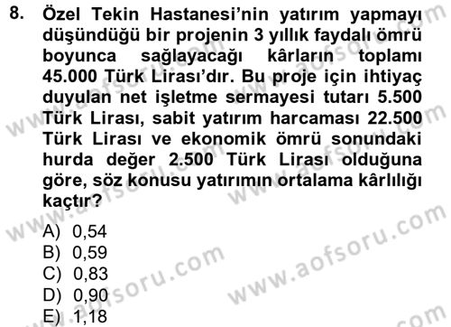 Sağlık Kurumlarında Finansal Yönetim Dersi 2012 - 2013 Yılı (Final) Dönem Sonu Sınav Soruları 8. Soru