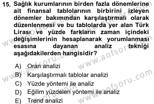 Sağlık Kurumlarında Finansal Yönetim Dersi 2015 - 2016 Yılı (Final) Dönem Sonu Sınav Soruları 15. Soru
