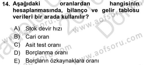 Sağlık Kurumlarında Finansal Yönetim Dersi 2016 - 2017 Yılı (Final) Dönem Sonu Sınav Soruları 14. Soru
