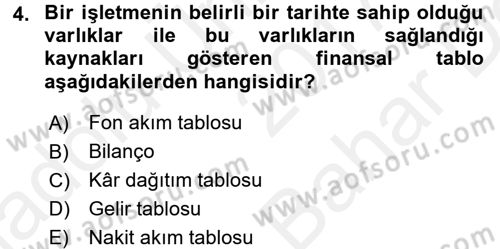 Sağlık Kurumlarında Finansal Yönetim Dersi 2017 - 2018 Yılı (Vize) Ara Sınav Soruları 4. Soru