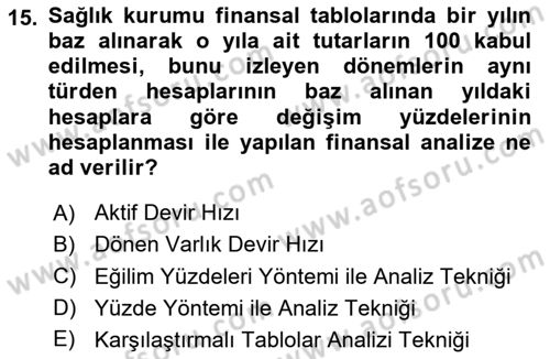 Sağlık Kurumlarında Finansal Yönetim Dersi 2024 - 2025 Yılı (Final) Dönem Sonu Sınav Soruları 15. Soru