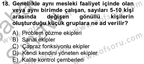 Sağlık Kurumlarında Kalite Yönetimi Dersi 2012 - 2013 Yılı (Vize) Ara Sınav Soruları 18. Soru