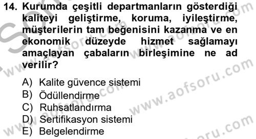 Sağlık Kurumlarında Kalite Yönetimi Dersi 2012 - 2013 Yılı (Final) Dönem Sonu Sınav Soruları 14. Soru