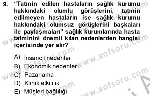 Sağlık Kurumlarında Kalite Yönetimi Dersi 2013 - 2014 Yılı (Vize) Ara Sınav Soruları 9. Soru