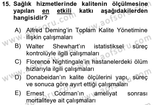 Sağlık Kurumlarında Kalite Yönetimi Dersi 2015 - 2016 Yılı (Vize) Ara Sınav Soruları 15. Soru