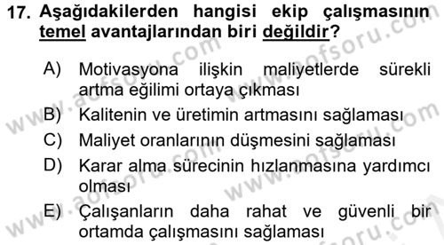 Sağlık Kurumlarında Kalite Yönetimi Dersi 2015 - 2016 Yılı (Vize) Ara Sınav Soruları 17. Soru