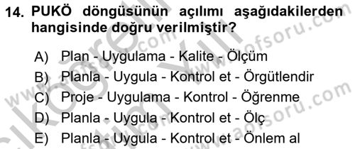 Sağlık Kurumlarında Kalite Yönetimi Dersi 2016 - 2017 Yılı 3 Ders Sınav Soruları 14. Soru