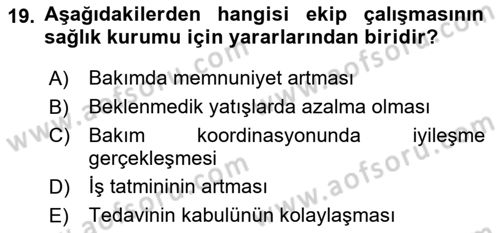Sağlık Kurumlarında Kalite Yönetimi Dersi 2023 - 2024 Yılı (Vize) Ara Sınav Soruları 19. Soru