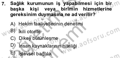 Sağlık Kurumlarında Maliyet Yönetimi Dersi 2013 - 2014 Yılı (Vize) Ara Sınav Soruları 7. Soru