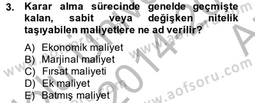 Sağlık Kurumlarında Maliyet Yönetimi Dersi 2014 - 2015 Yılı (Vize) Ara Sınav Soruları 3. Soru