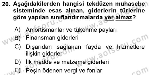 Sağlık Kurumlarında Maliyet Yönetimi Dersi 2015 - 2016 Yılı (Vize) Ara Sınav Soruları 20. Soru