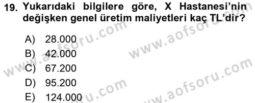 Sağlık Kurumlarında Maliyet Yönetimi Dersi 2016 - 2017 Yılı (Vize) Ara Sınav Soruları 19. Soru