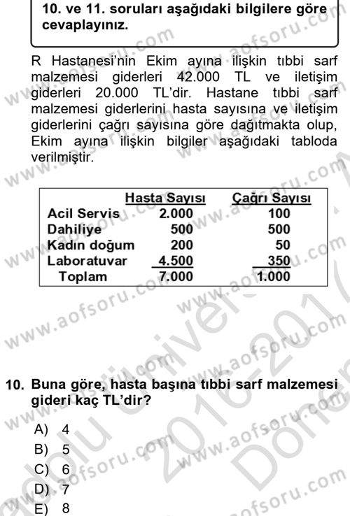 Sağlık Kurumlarında Maliyet Yönetimi Dersi 2016 - 2017 Yılı (Final) Dönem Sonu Sınav Soruları 10. Soru