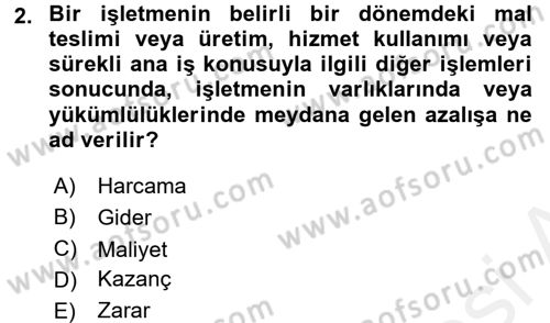 Sağlık Kurumlarında Maliyet Yönetimi Dersi 2017 - 2018 Yılı (Vize) Ara Sınav Soruları 2. Soru