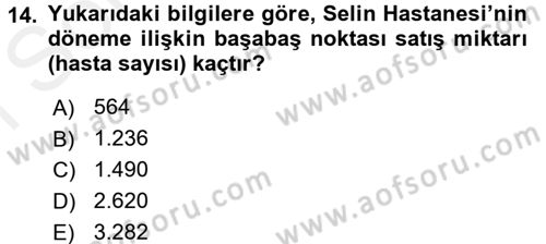 Sağlık Kurumlarında Maliyet Yönetimi Dersi 2017 - 2018 Yılı (Final) Dönem Sonu Sınav Soruları 14. Soru
