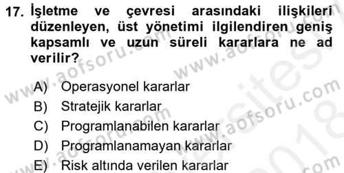 Sağlık Kurumlarında Maliyet Yönetimi Dersi 2017 - 2018 Yılı (Final) Dönem Sonu Sınav Soruları 17. Soru