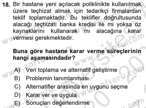 Sağlık İşletmelerinde Maliyet Yönetim Dersi 2020 - 2021 Yılı Yaz Okulu Sınav Soruları 18. Soru